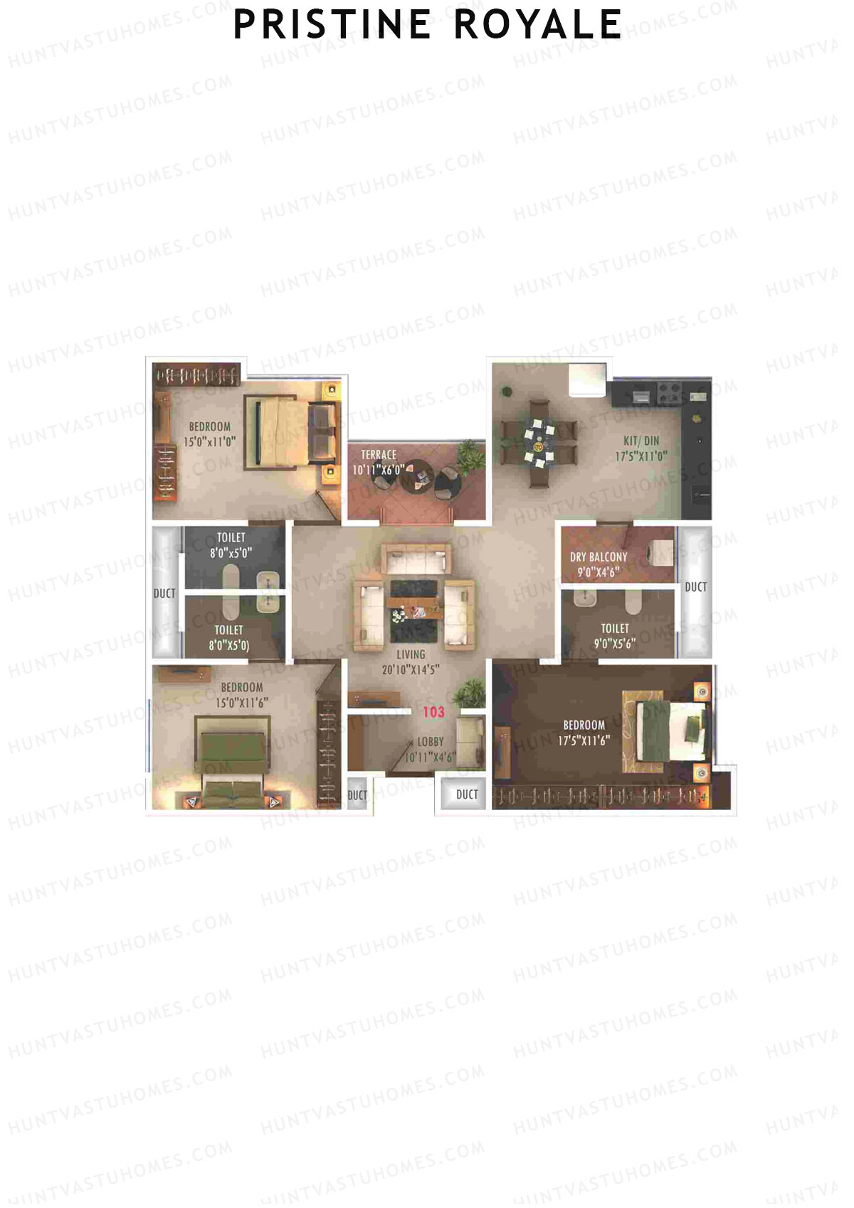 Pristine Royale, Wing C1, Unit 3, 3BHK, Carpet Area 1256   sq ft 