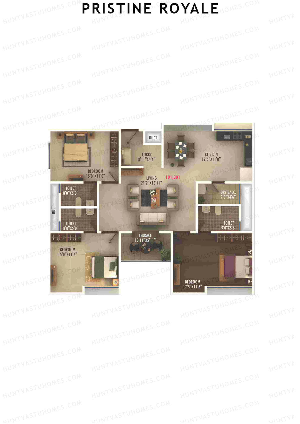 Pristine Royale, Wing C2, Unit 1, 3BHK, Carpet Area 1288   sq ft 