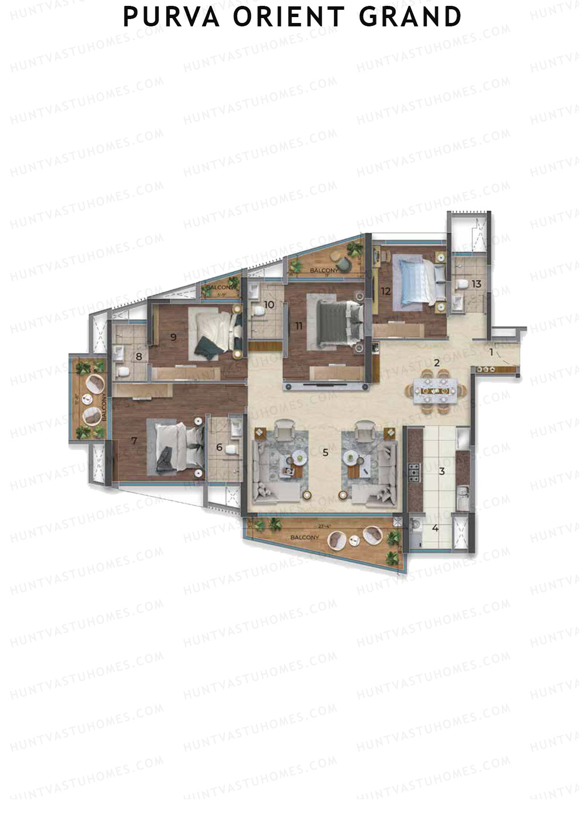 Purva Orient Grand, Tower 1, Unit 2, 4BHK, Super Area 2741   sq ft 