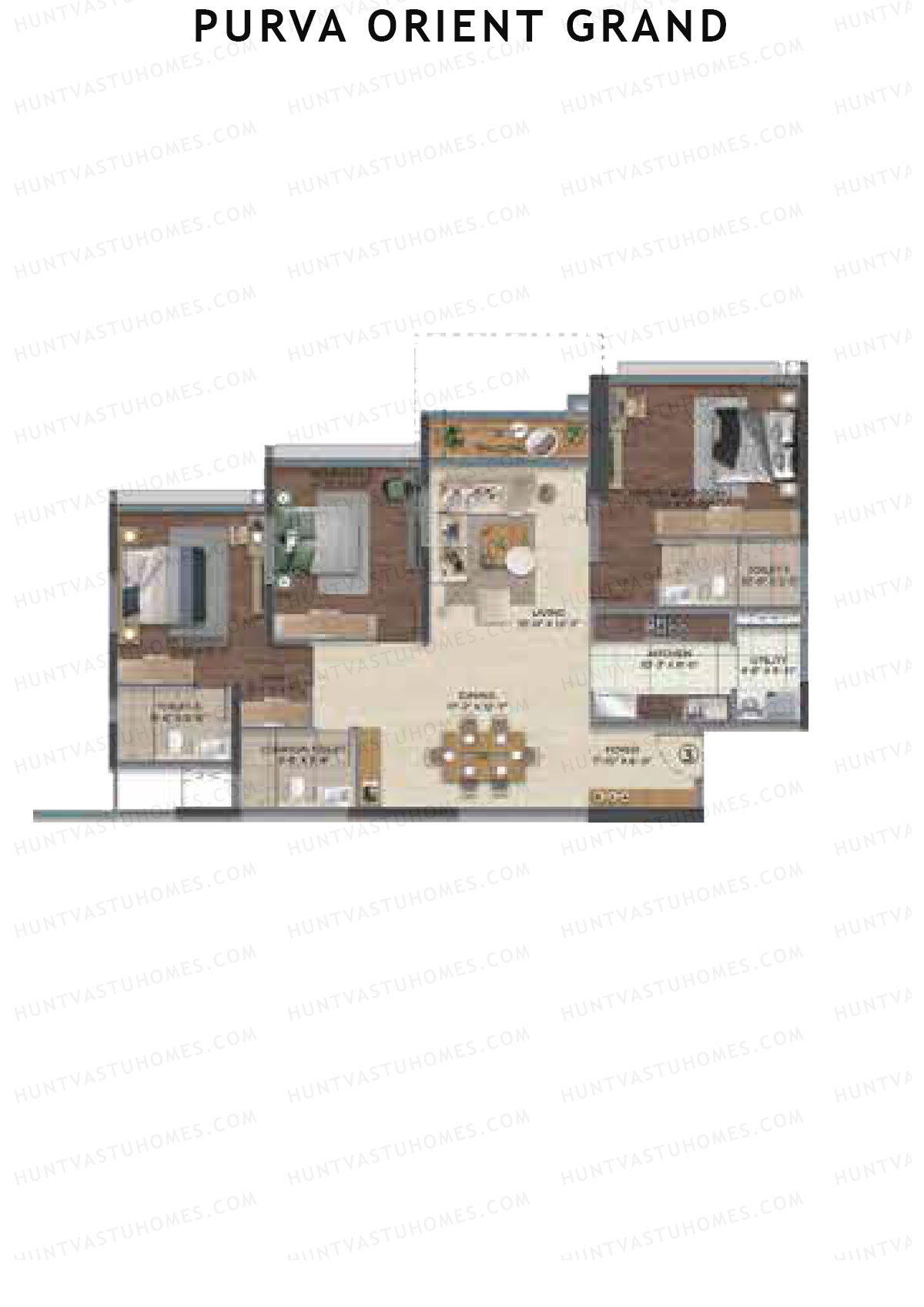 Purva Orient Grand, Tower 1, Unit 3, 3BHK, Super Area 1902   sq ft 