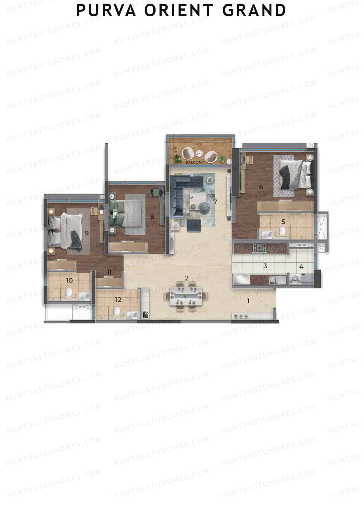 Purva Orient Grand, Tower 1, Unit 3, 3BHK, Super Area 1991   sq ft 
