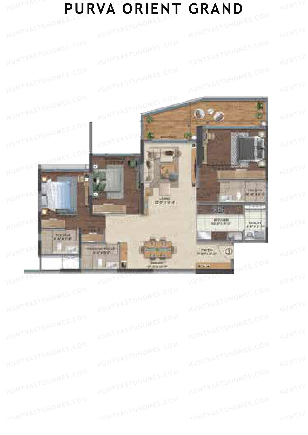 Purva Orient Grand, Tower 1, Unit 3, 3BHK, Super Area 2152   sq ft 