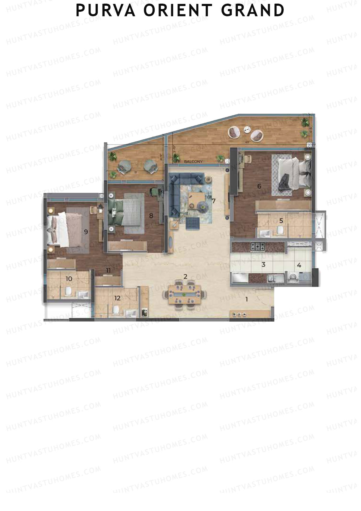 Purva Orient Grand, Tower 1, Unit 3, 3BHK, Super Area 2262   sq ft 