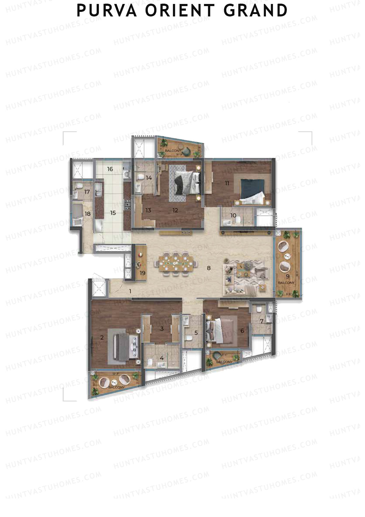 Purva Orient Grand, Tower 1, Unit 4, 4BHK, Super Area 3242   sq ft 