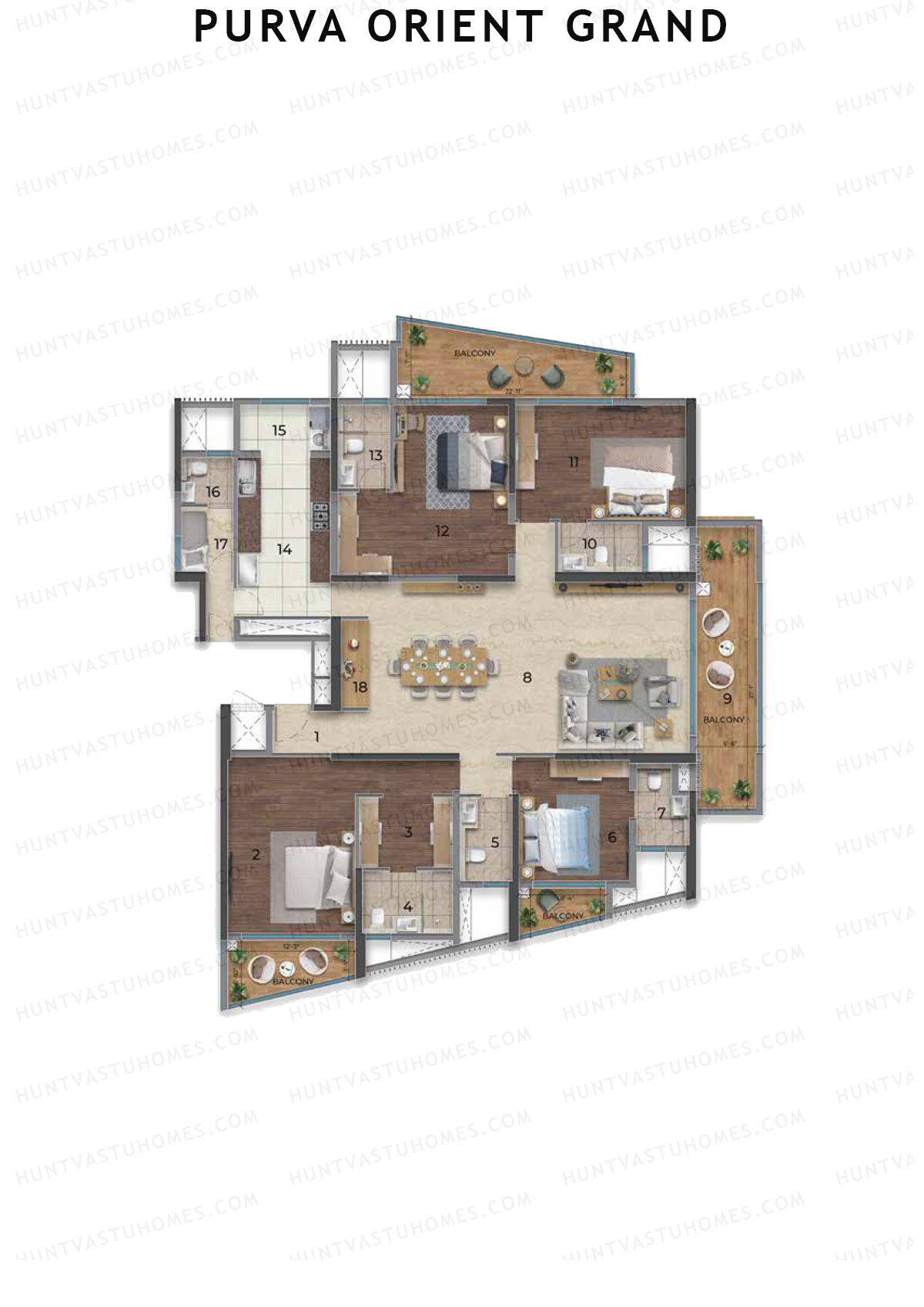 Purva Orient Grand, Tower 1, Unit 4, 4BHK, Super Area 3320   sq ft 