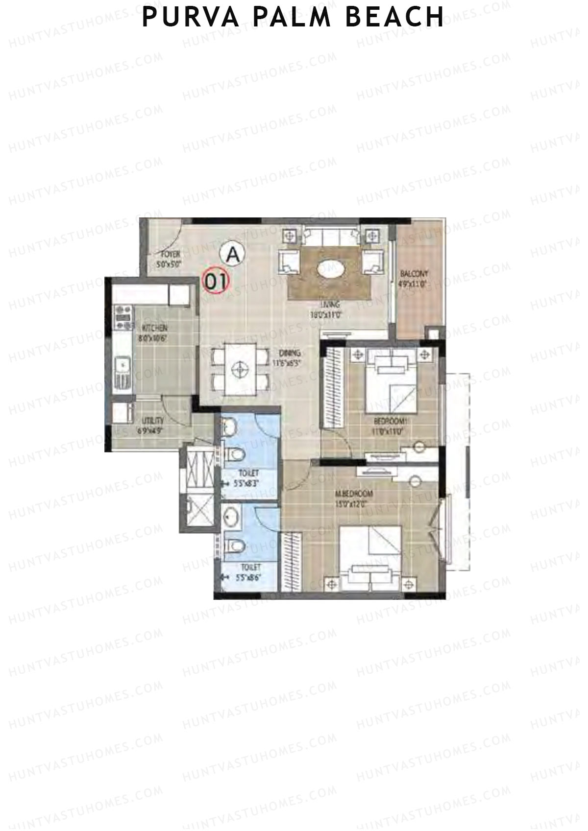Purva Palm Beach Block 1 Wing A Unit 1 (Type A) Floor Plan