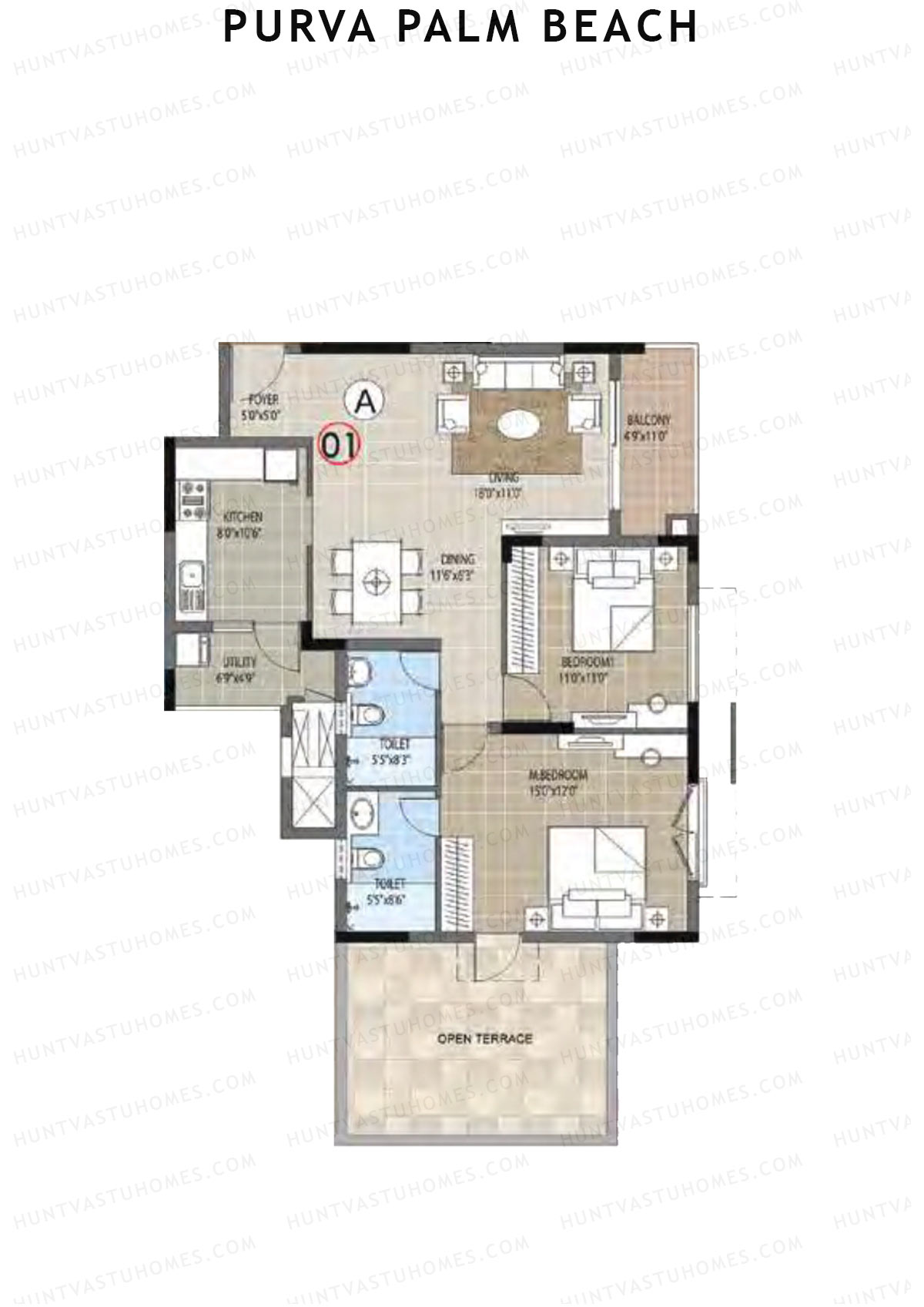 Purva Palm Beach Block 1 Wing A Unit 1 (Type A) Floor Plan