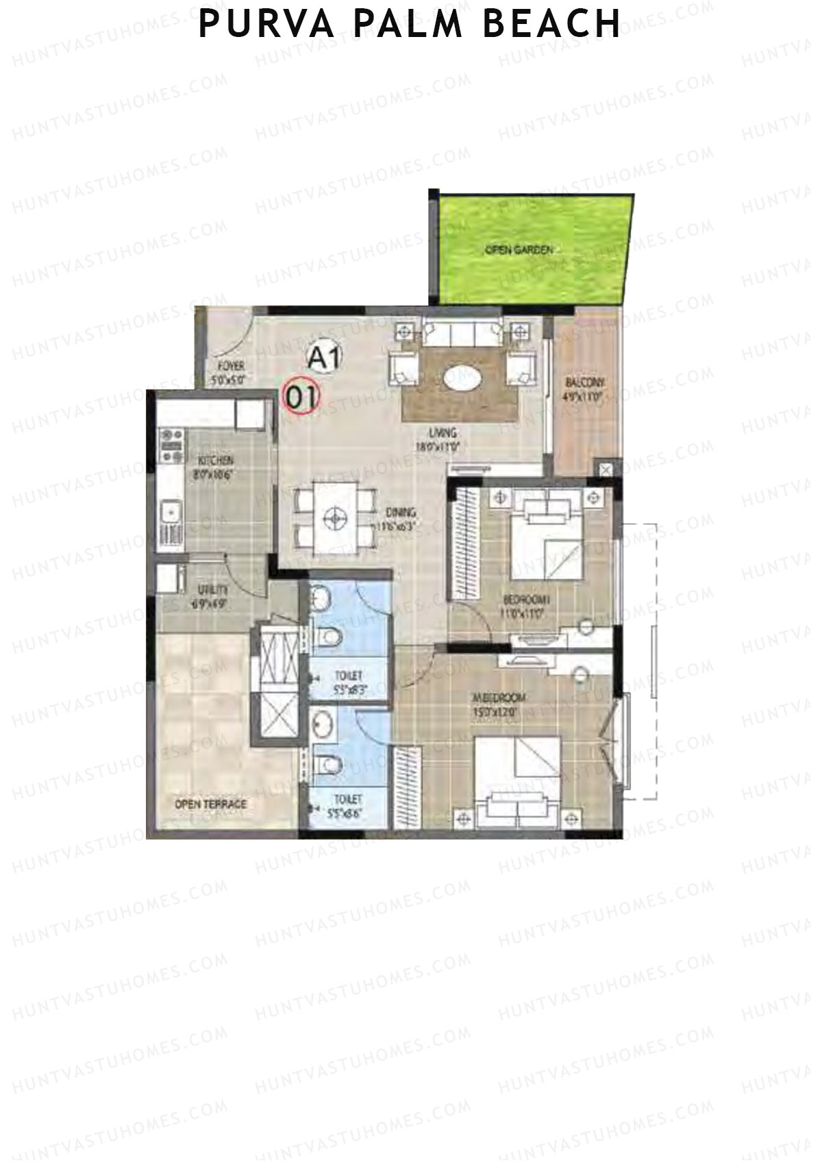 Purva Palm Beach Block 1 Wing A Unit 1 (Type A) Floor Plan