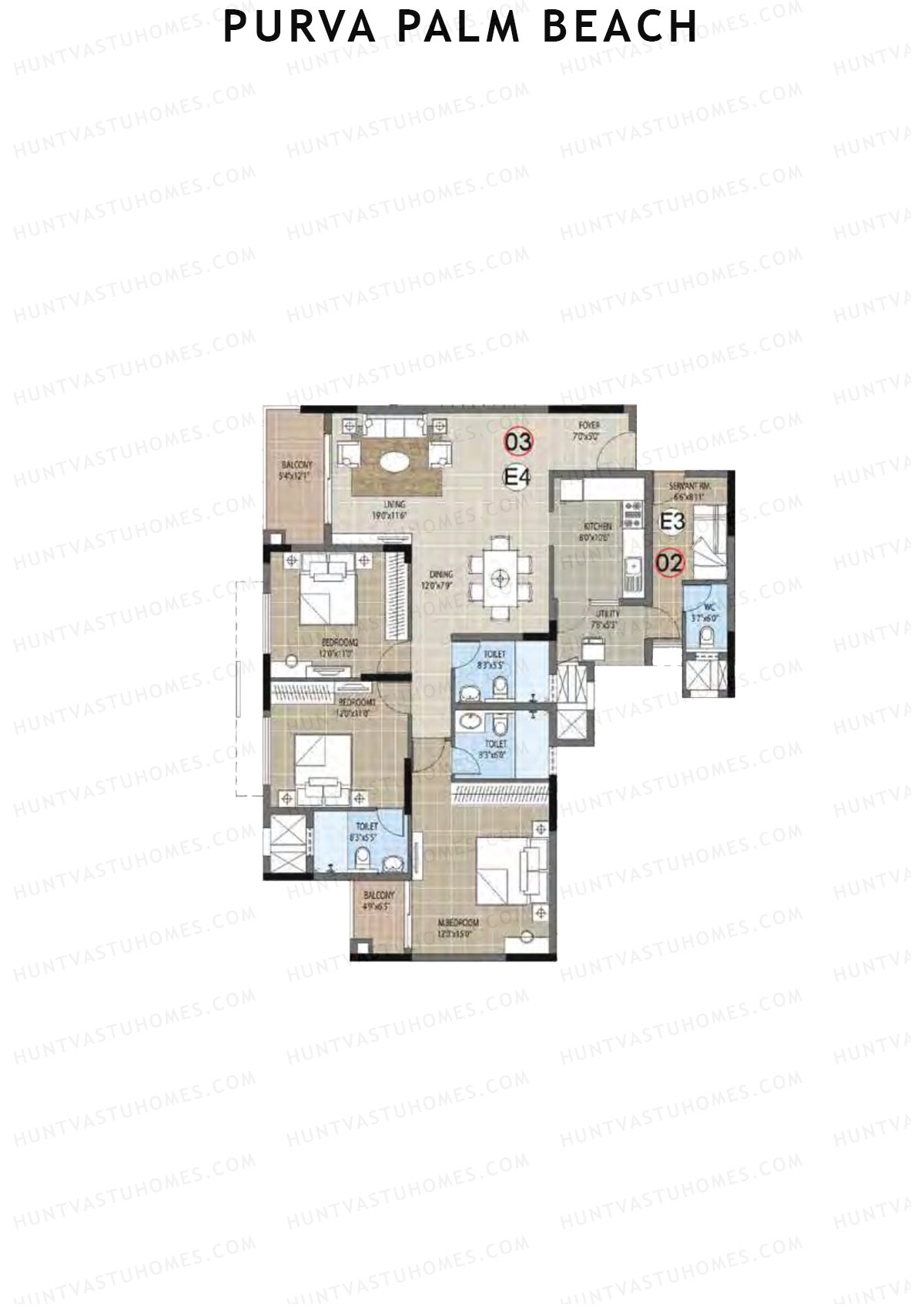 Purva Palm Beach Block 1 Wing A Unit 3 (Type E) Floor Plan