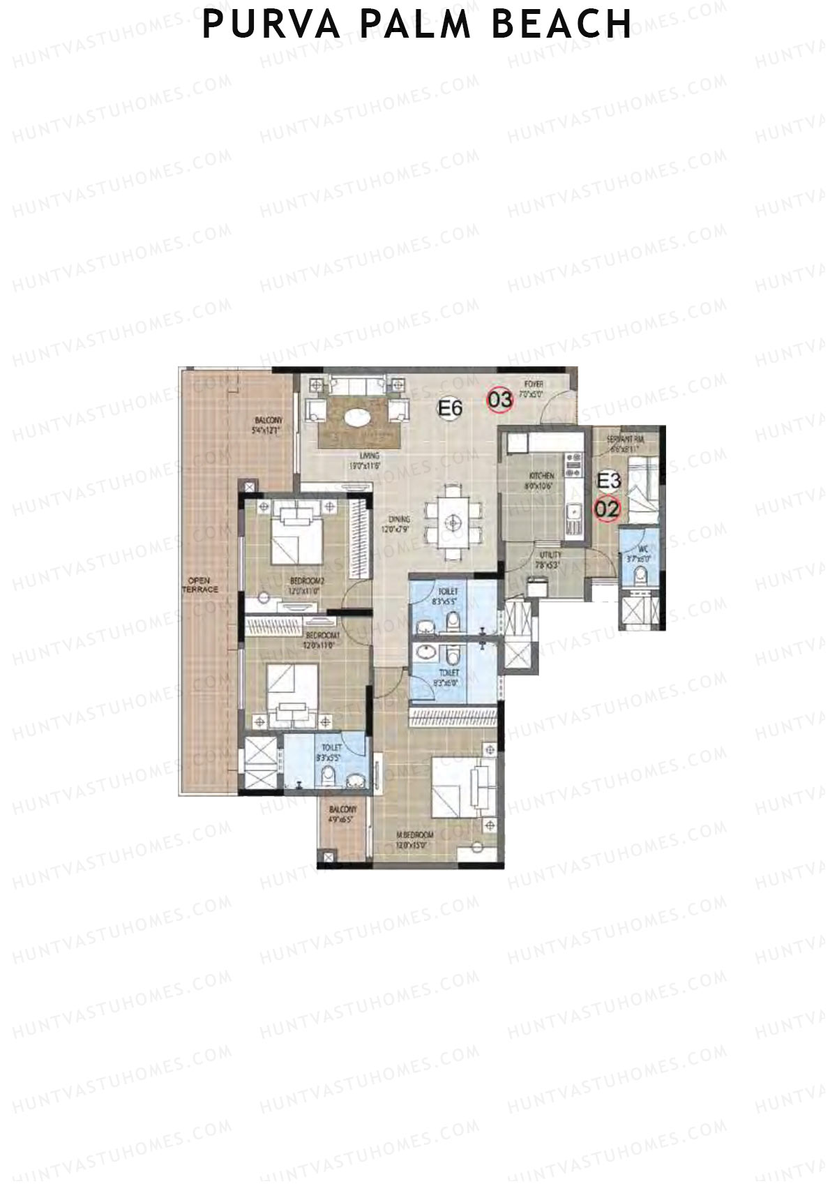 Purva Palm Beach Block 1 Wing A Unit 3 (Type E) Floor Plan