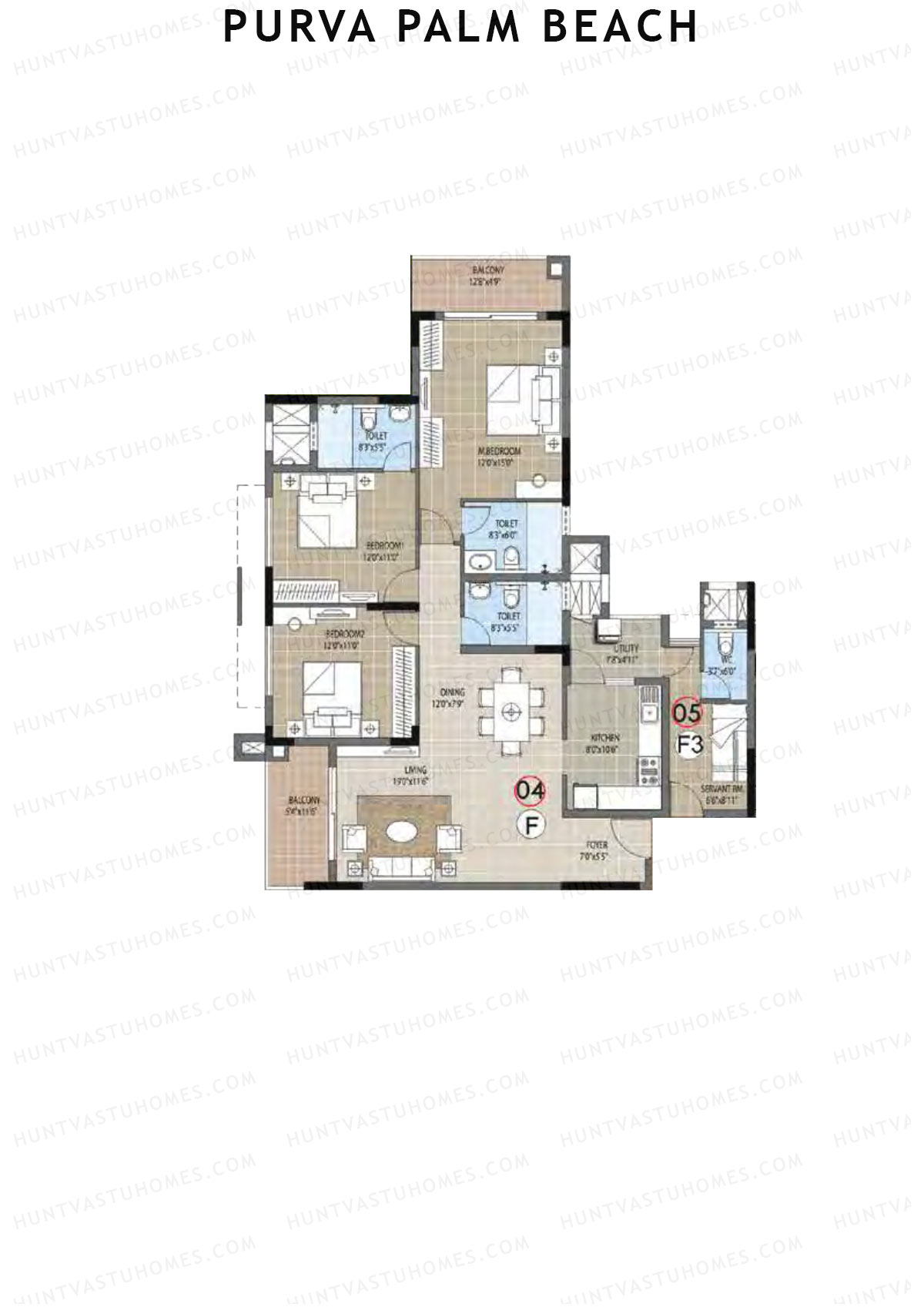 Purva Palm Beach Block 1 Wing A Unit 4 (Type F) Floor Plan