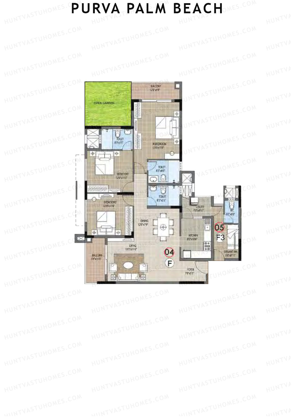 Purva Palm Beach Block 1 Wing A Unit 4 (Type F) Floor Plan