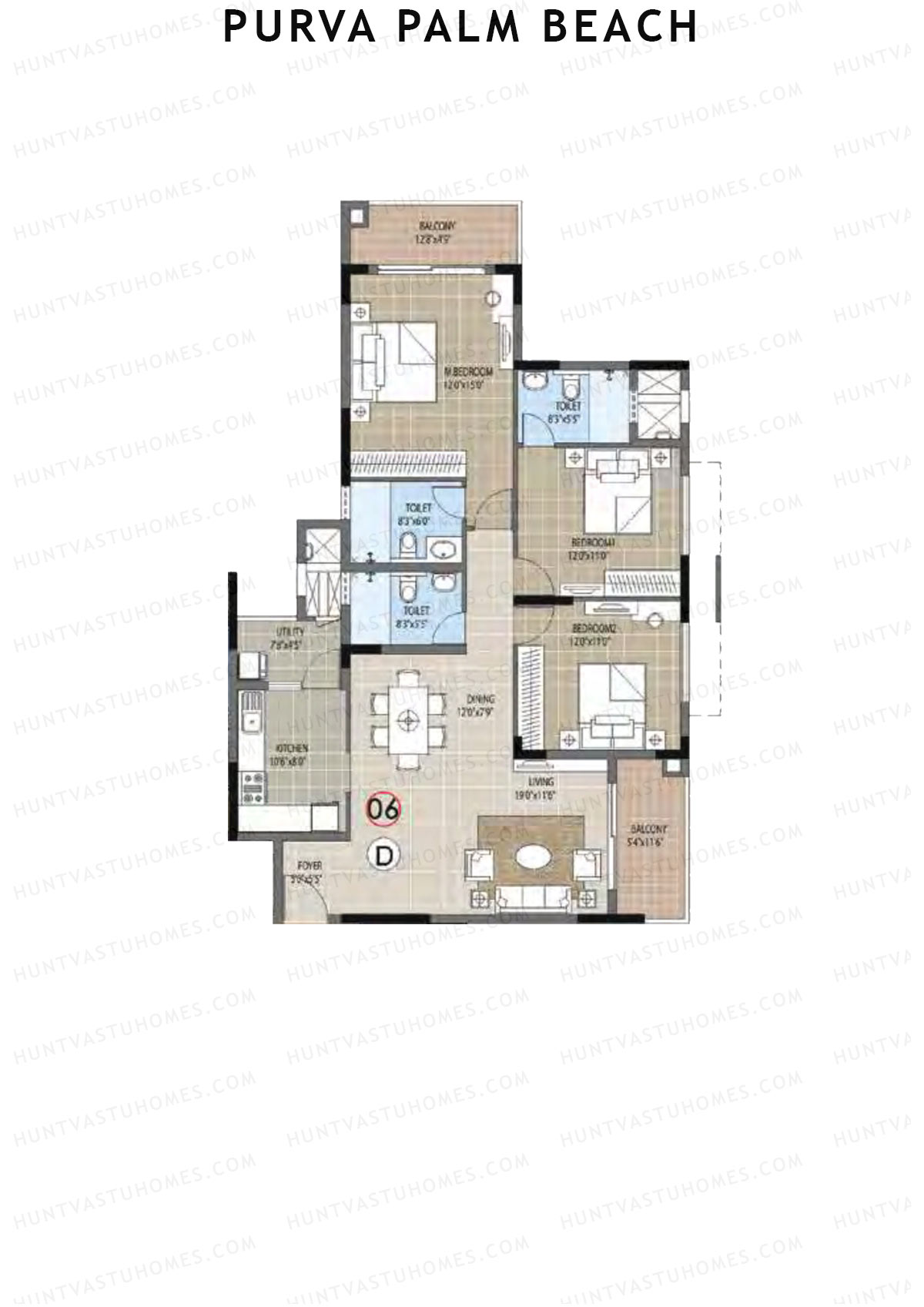 Purva Palm Beach Block 1 Wing A Unit 6 (Type D) Floor Plan