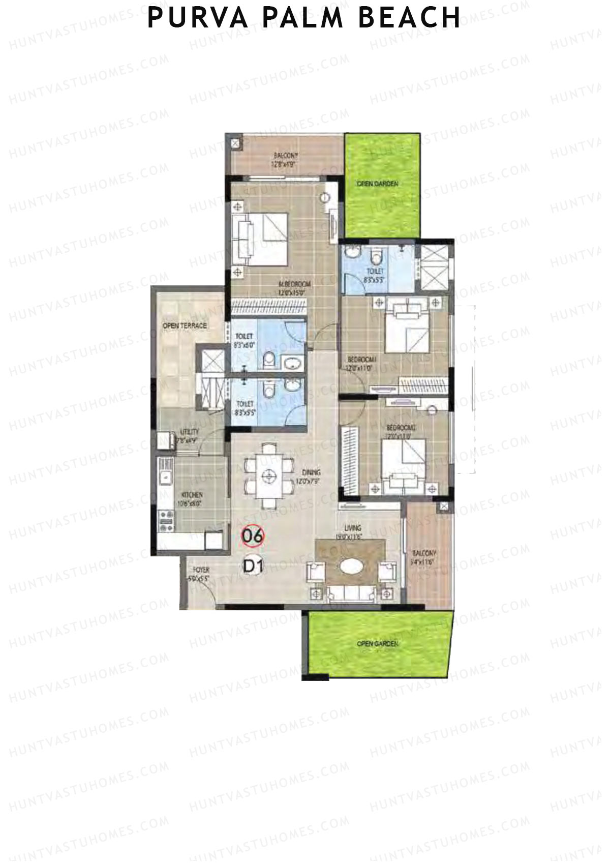 Purva Palm Beach Block 1 Wing A Unit 6 (Type D) Floor Plan