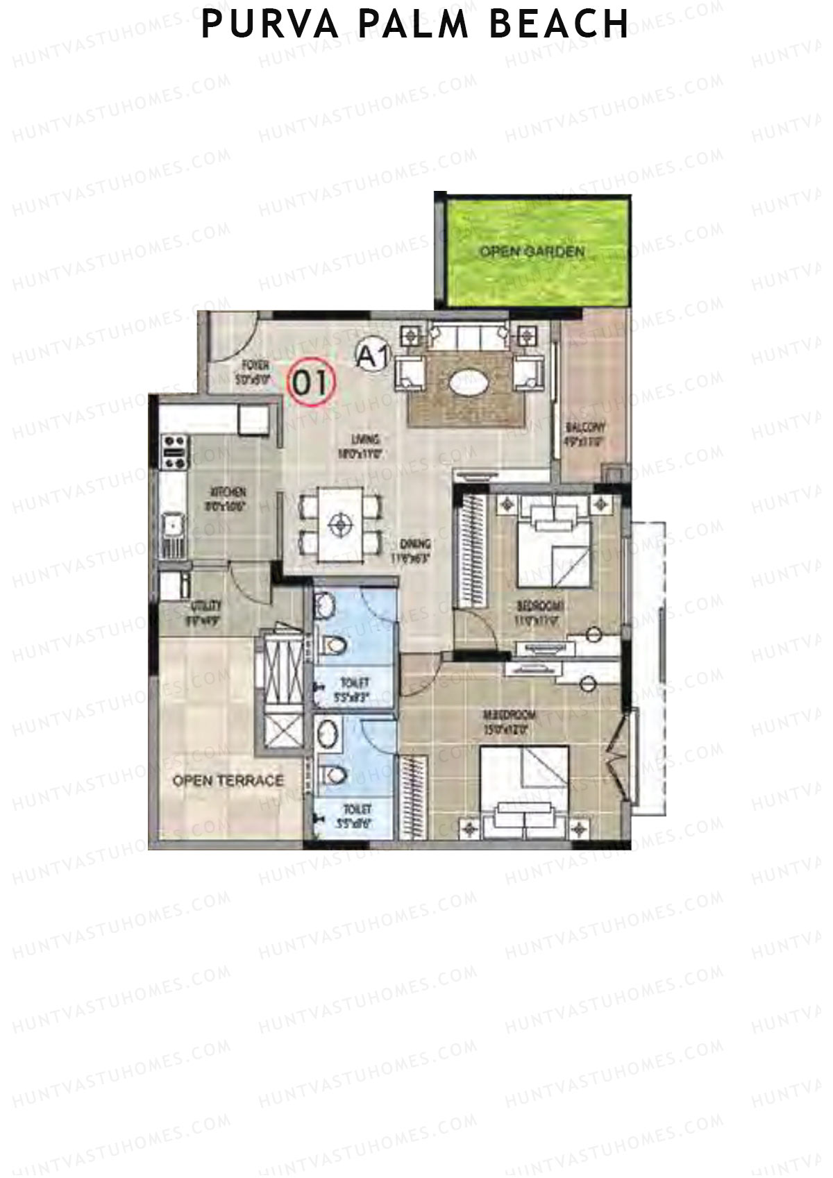 Purva Palm Beach Block 1 Wing B Unit 1 (Type A) Floor Plan