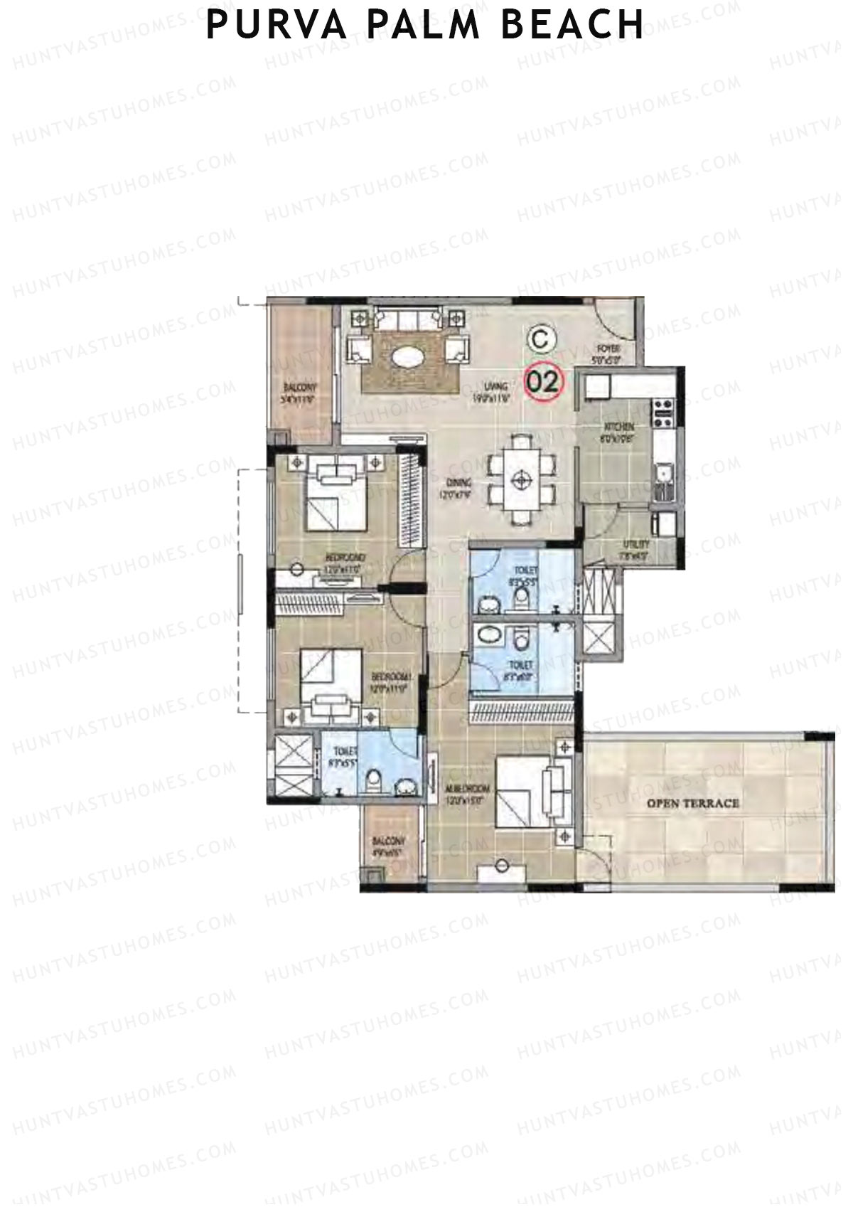 Purva Palm Beach Block 1 Wing B Unit 2 (Type C) Floor Plan