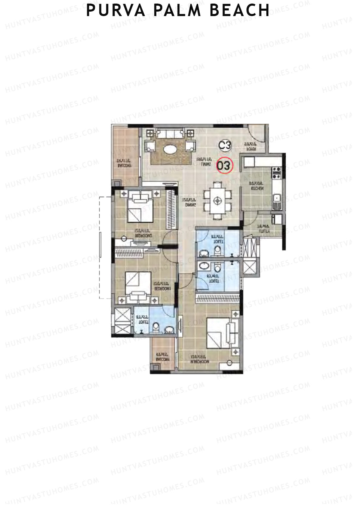 Purva Palm Beach Block 1 Wing B Unit 2 (Type C) Floor Plan
