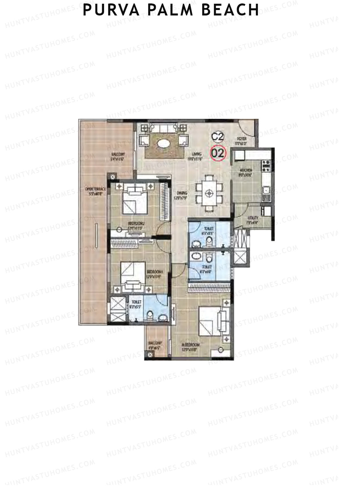 Purva Palm Beach Block 1 Wing B Unit 2 (Type C) Floor Plan