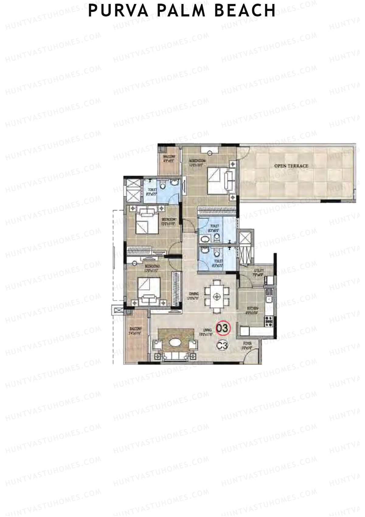 Purva Palm Beach Block 1 Wing B Unit 3 (Type C) Floor Plan