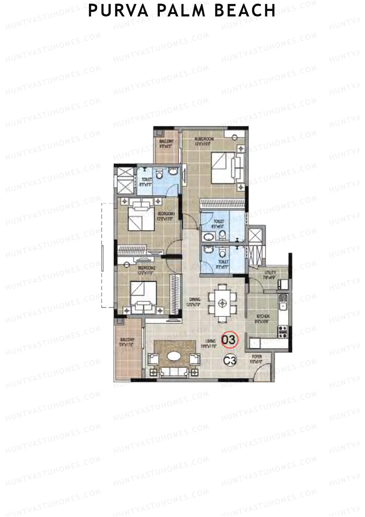 Purva Palm Beach Block 1 Wing B Unit 3 (Type C) Floor Plan