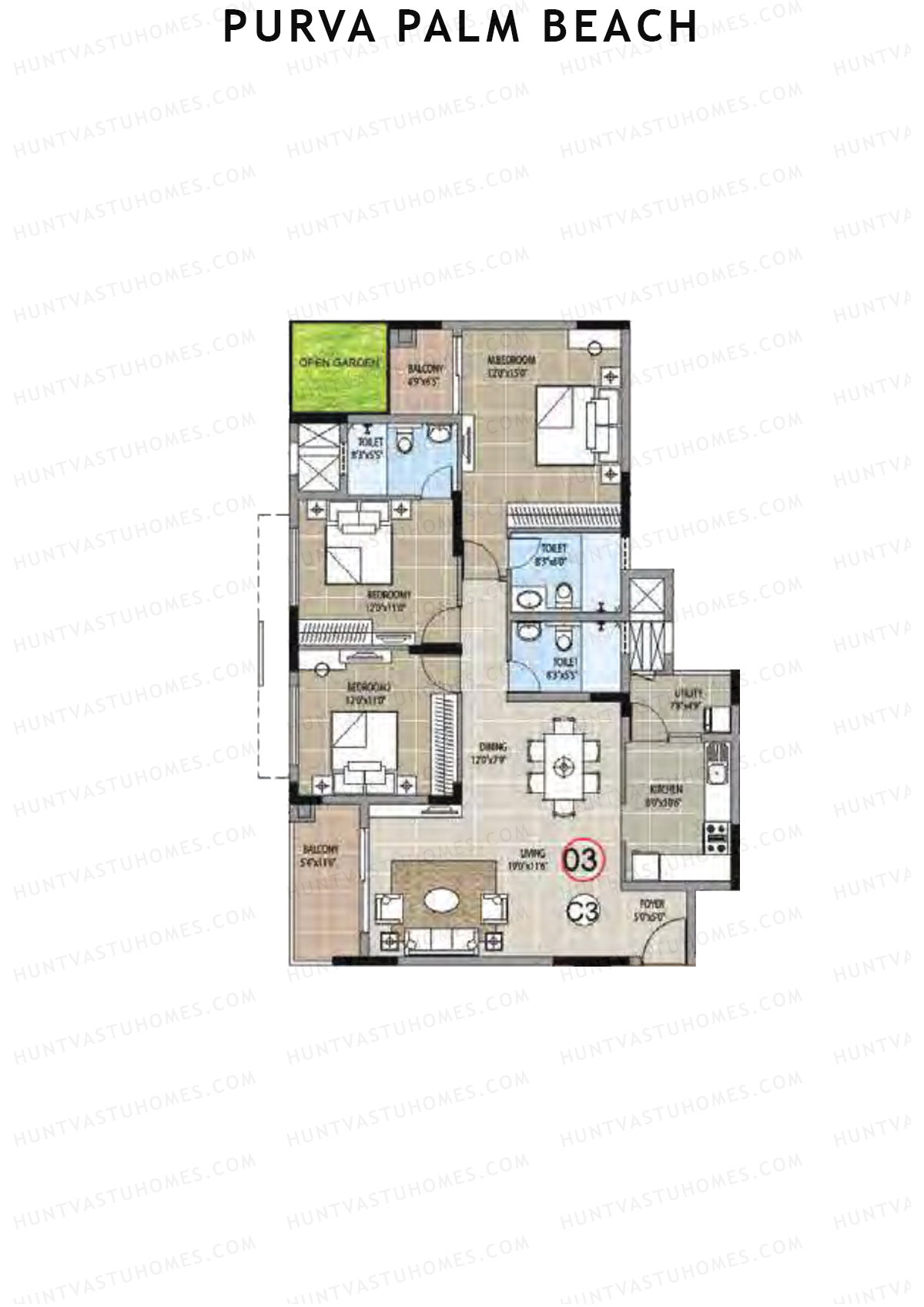 Purva Palm Beach Block 1 Wing B Unit 3 (Type C) Floor Plan