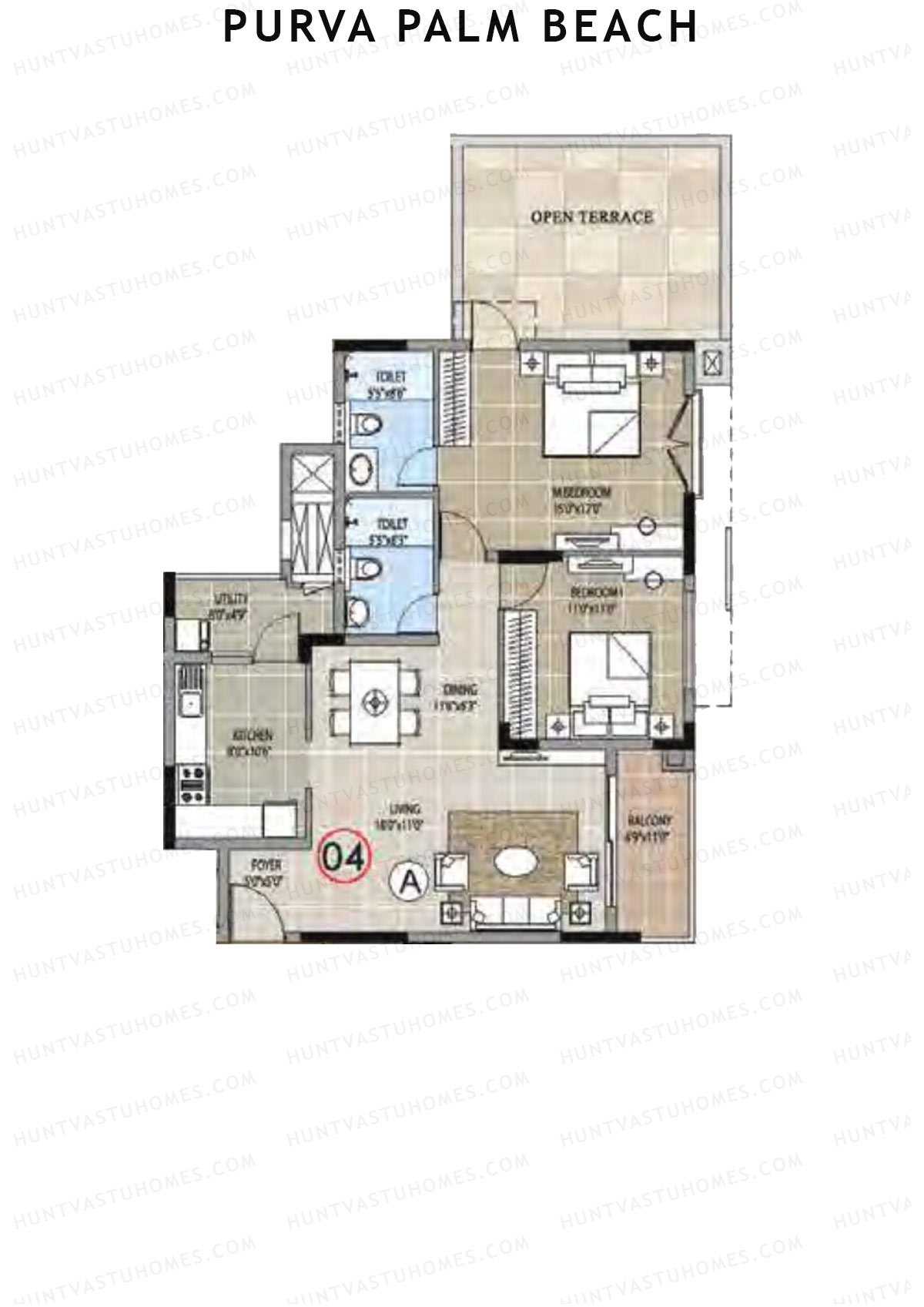 Purva Palm Beach Block 1 Wing B Unit 4 (Type A) Floor Plan