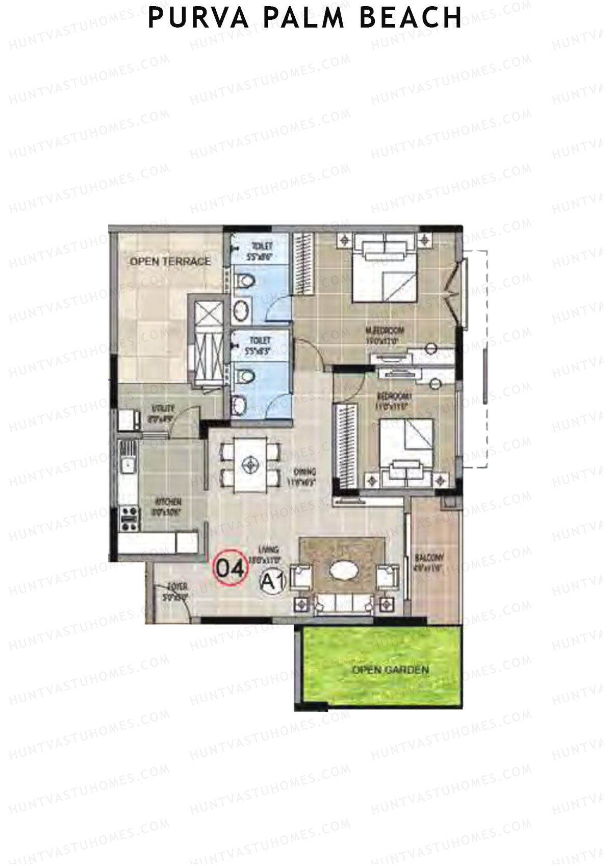 Purva Palm Beach Block 1 Wing B Unit 4 (Type A) Floor Plan