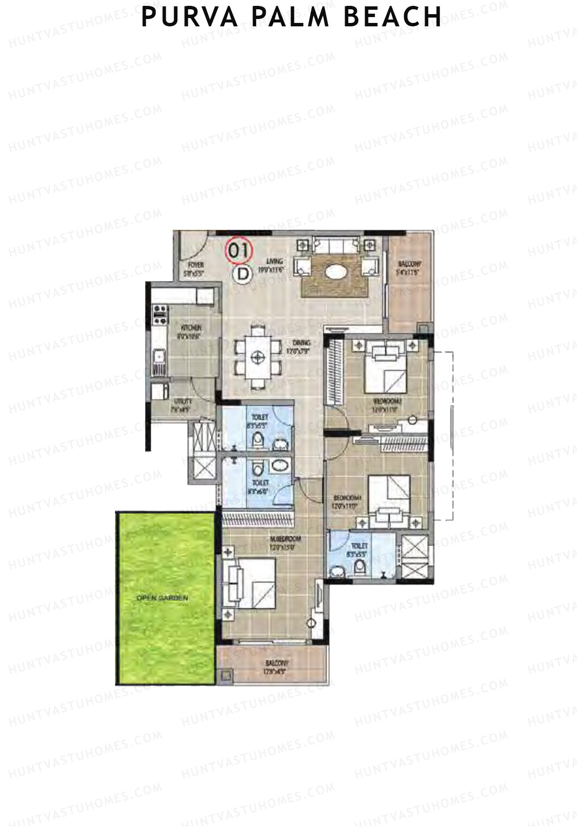 Purva Palm Beach Block 1 Wing C Unit 1 (Type D) Floor Plan