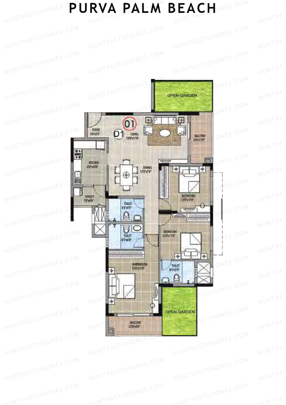 Purva Palm Beach Block 1 Wing C Unit 1 (Type D) Floor Plan