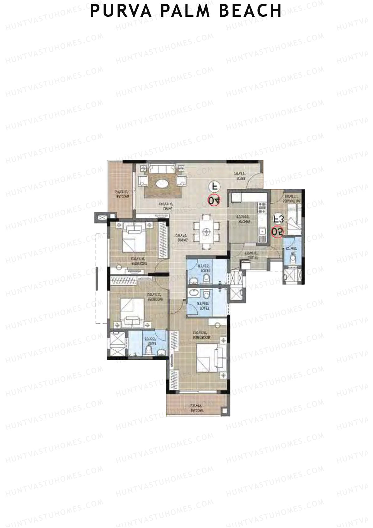 Purva Palm Beach Block 1 Wing C Unit 3 (Type F) Floor Plan