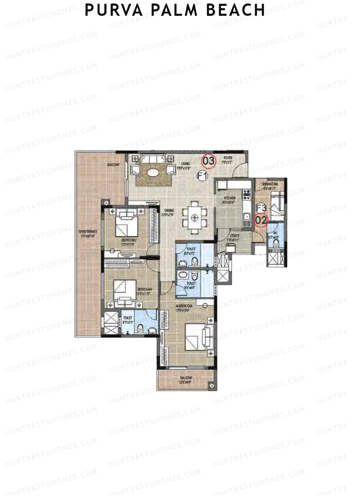 Purva Palm Beach Block 1 Wing C Unit 3 (Type F) Floor Plan