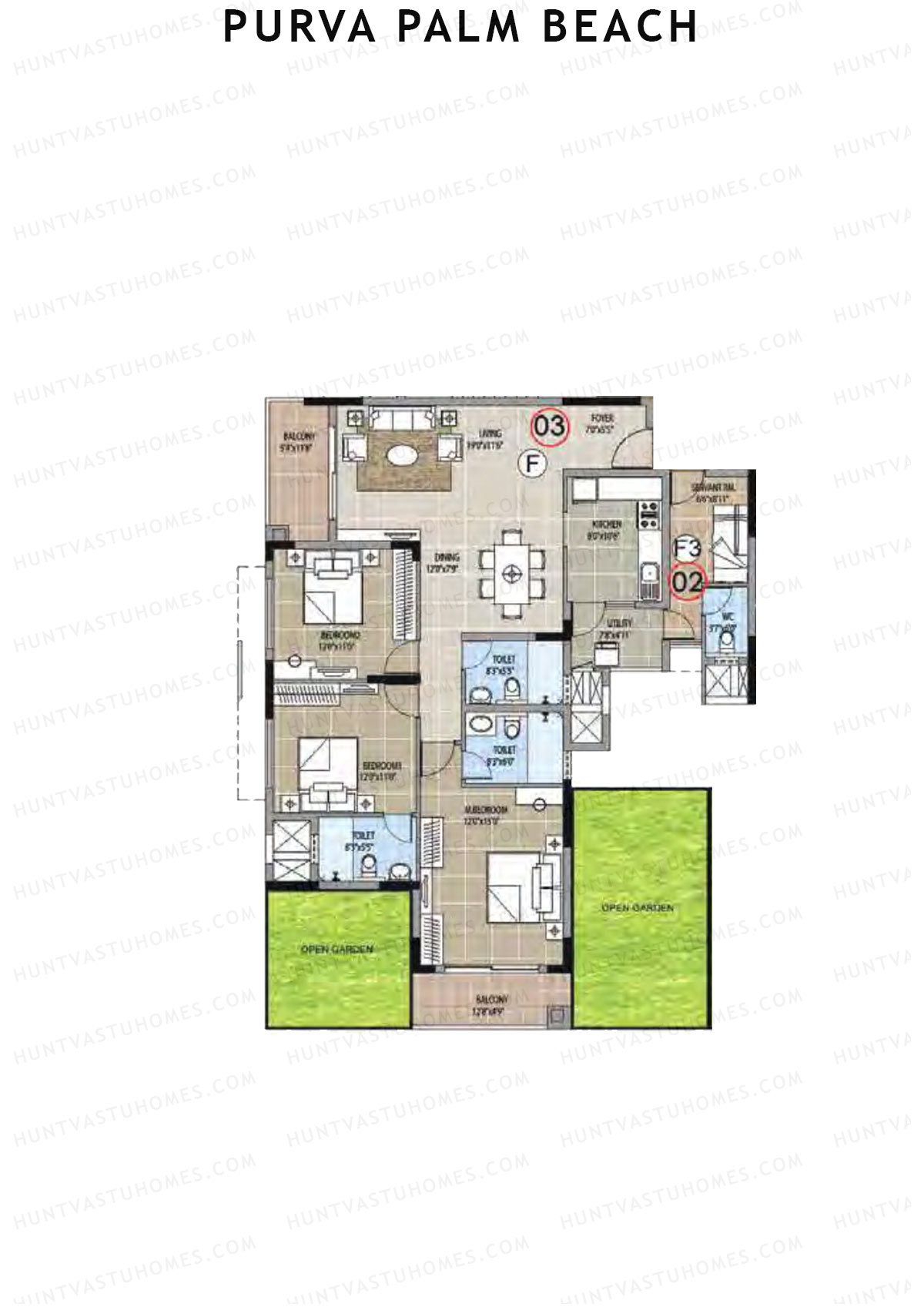 Purva Palm Beach Block 1 Wing C Unit 3 (Type F) Floor Plan