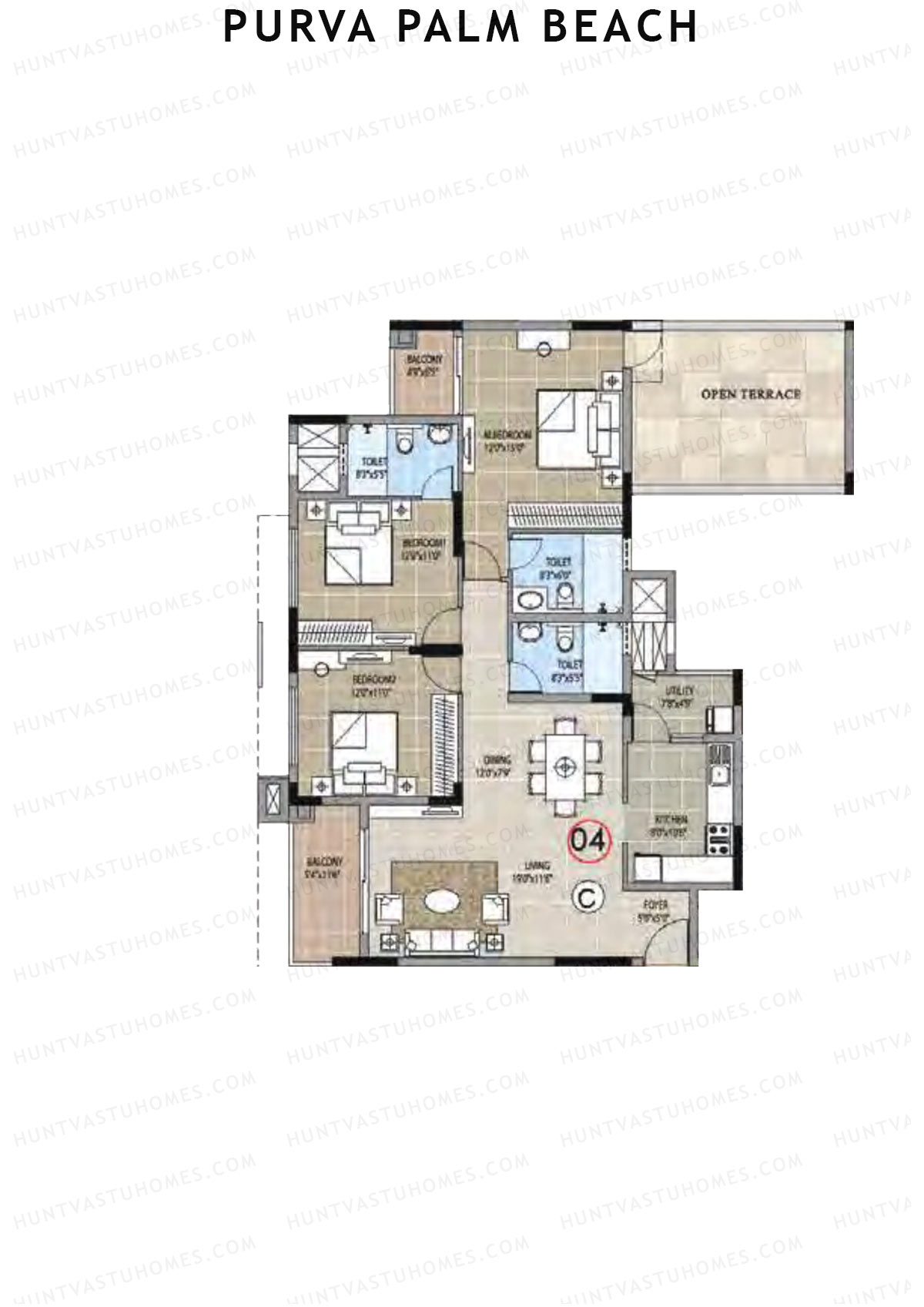 Purva Palm Beach Block 1 Wing C Unit 4 (Type C) Floor Plan