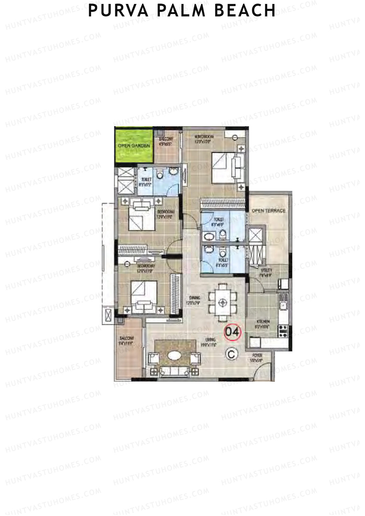Purva Palm Beach Block 1 Wing C Unit 4 (Type C) Floor Plan