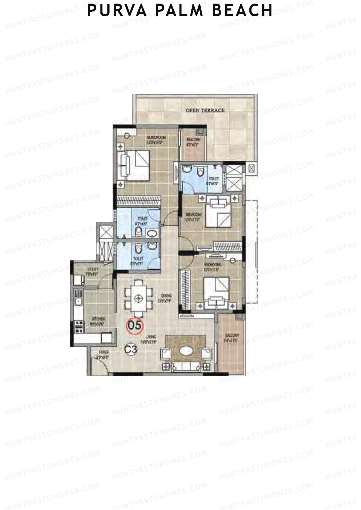 Purva Palm Beach Block 1 Wing C Unit 5 (Type C) Floor Plan