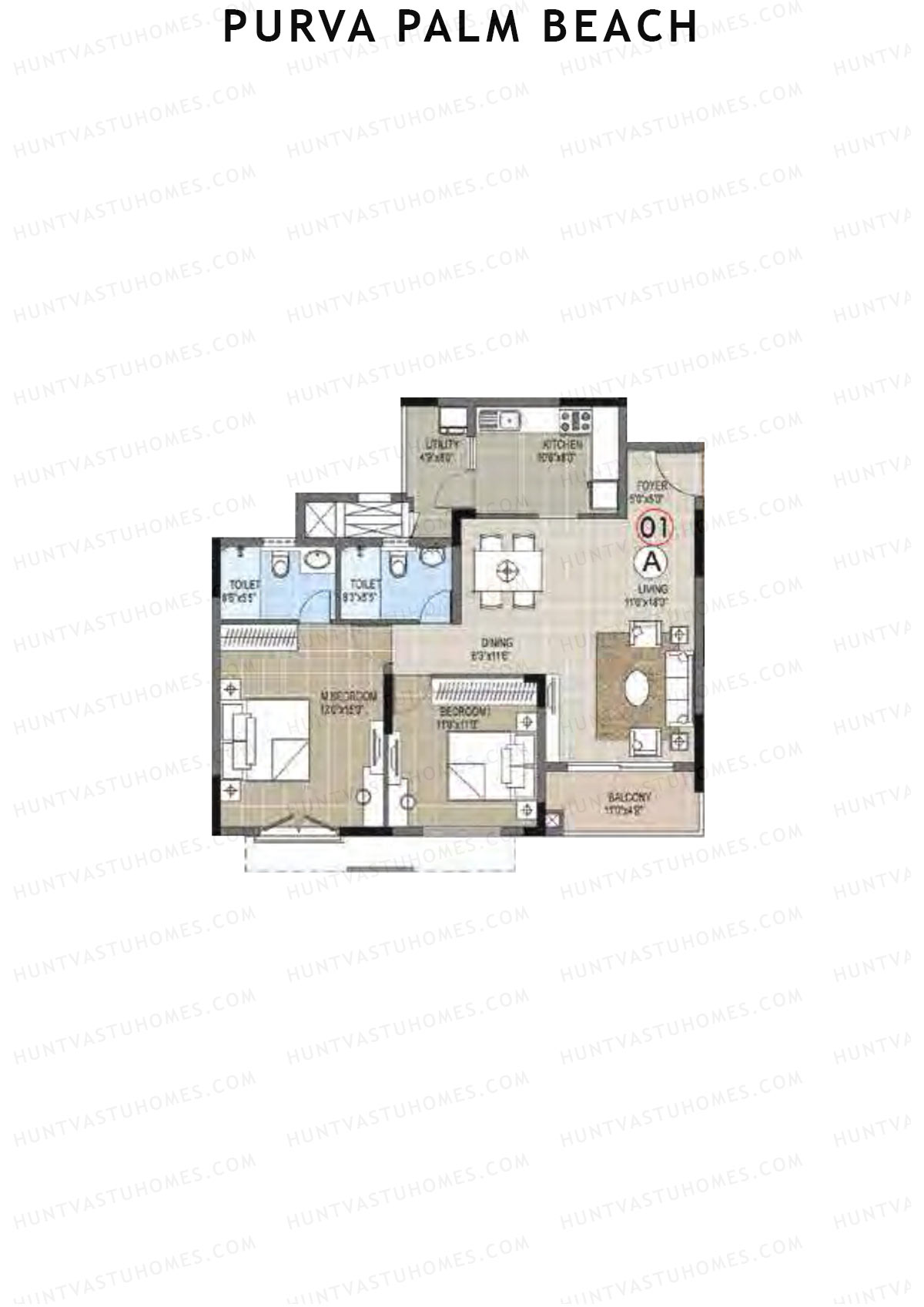 Purva Palm Beach Block 2 Wing D Unit 1 (Type A) Floor Plan