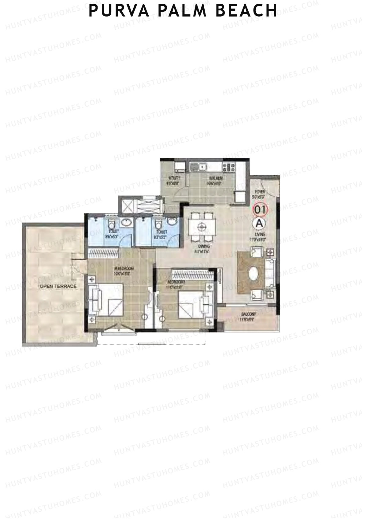 Purva Palm Beach Block 2 Wing D Unit 1 (Type A) Floor Plan