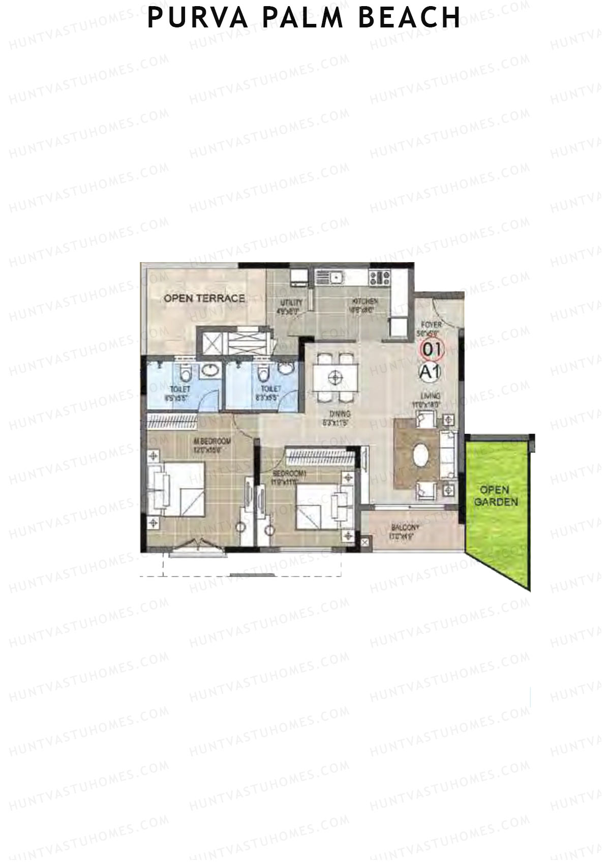 Purva Palm Beach Block 2 Wing D Unit 1 (Type A) Floor Plan