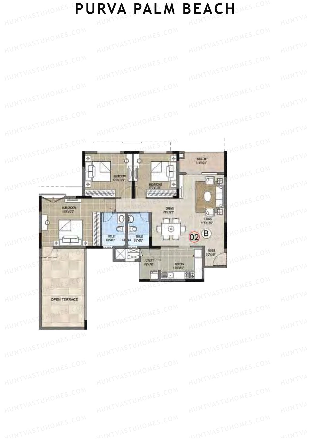 Purva Palm Beach Block 2 Wing D Unit 2 (Type B) Floor Plan