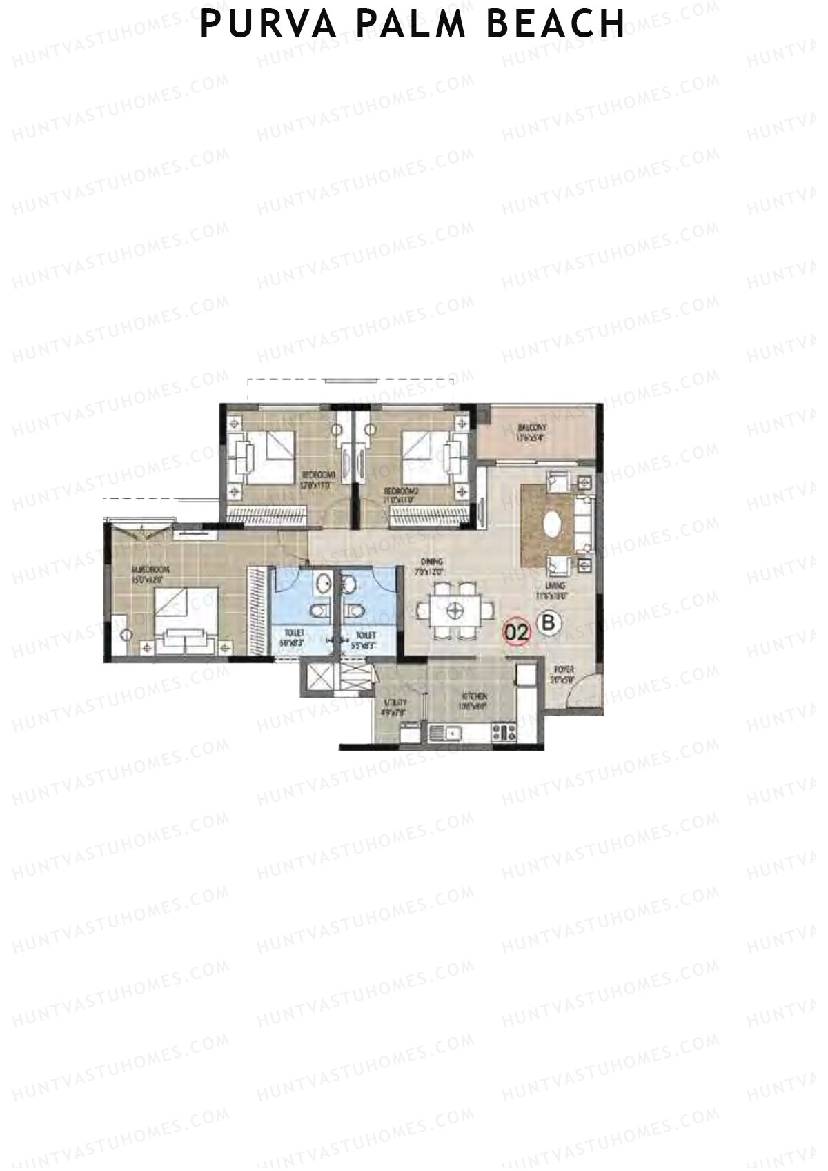 Purva Palm Beach Block 2 Wing D Unit 2 (Type B) Floor Plan