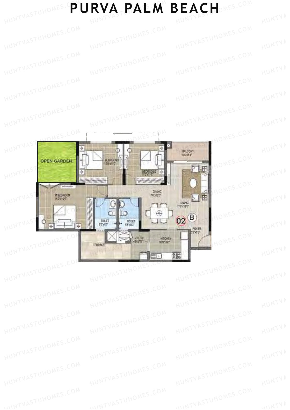 Purva Palm Beach Block 2 Wing D Unit 2 (Type B) Floor Plan