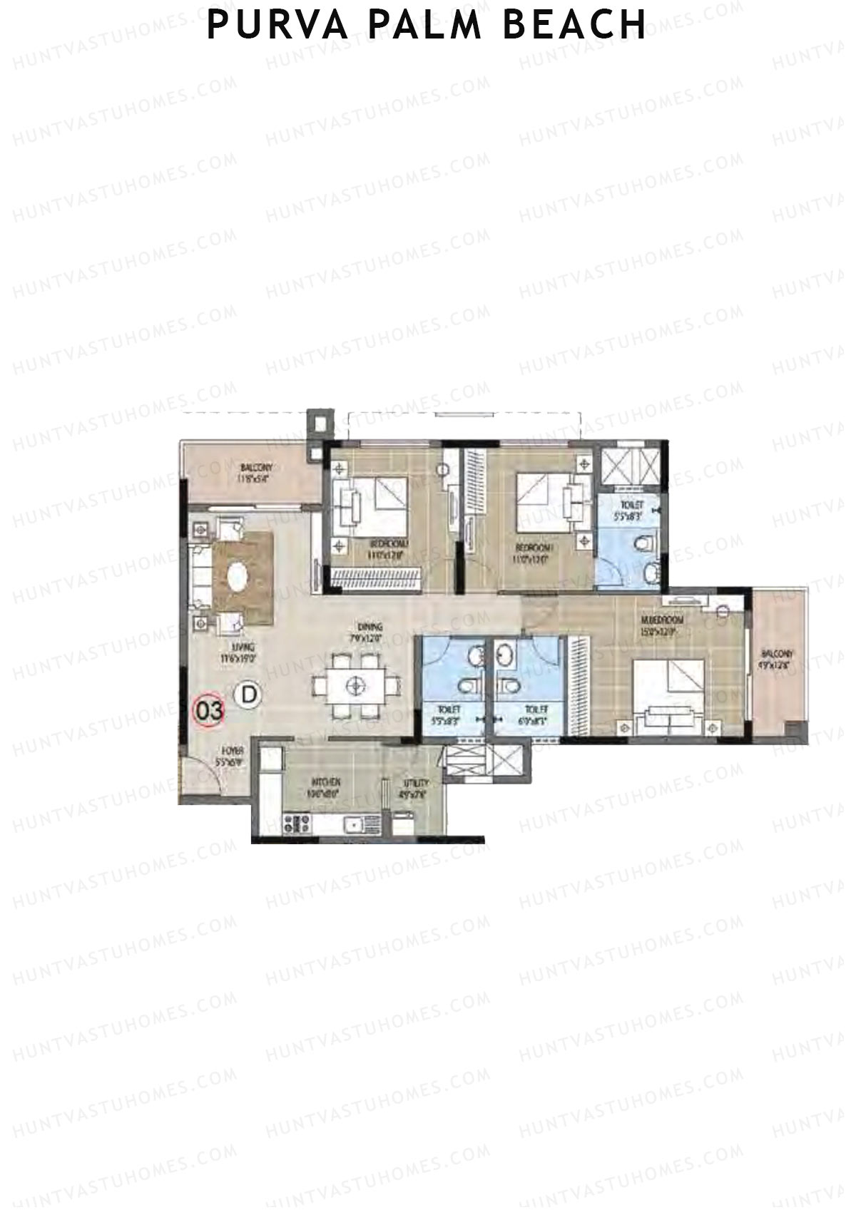 Purva Palm Beach Block 2 Wing D Unit 3 (Type D) Floor Plan