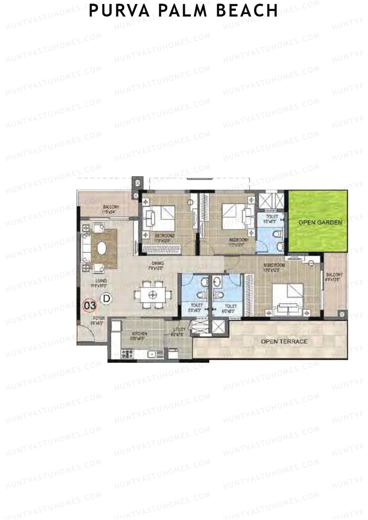 Purva Palm Beach Block 2 Wing D Unit 3 (Type D) Floor Plan