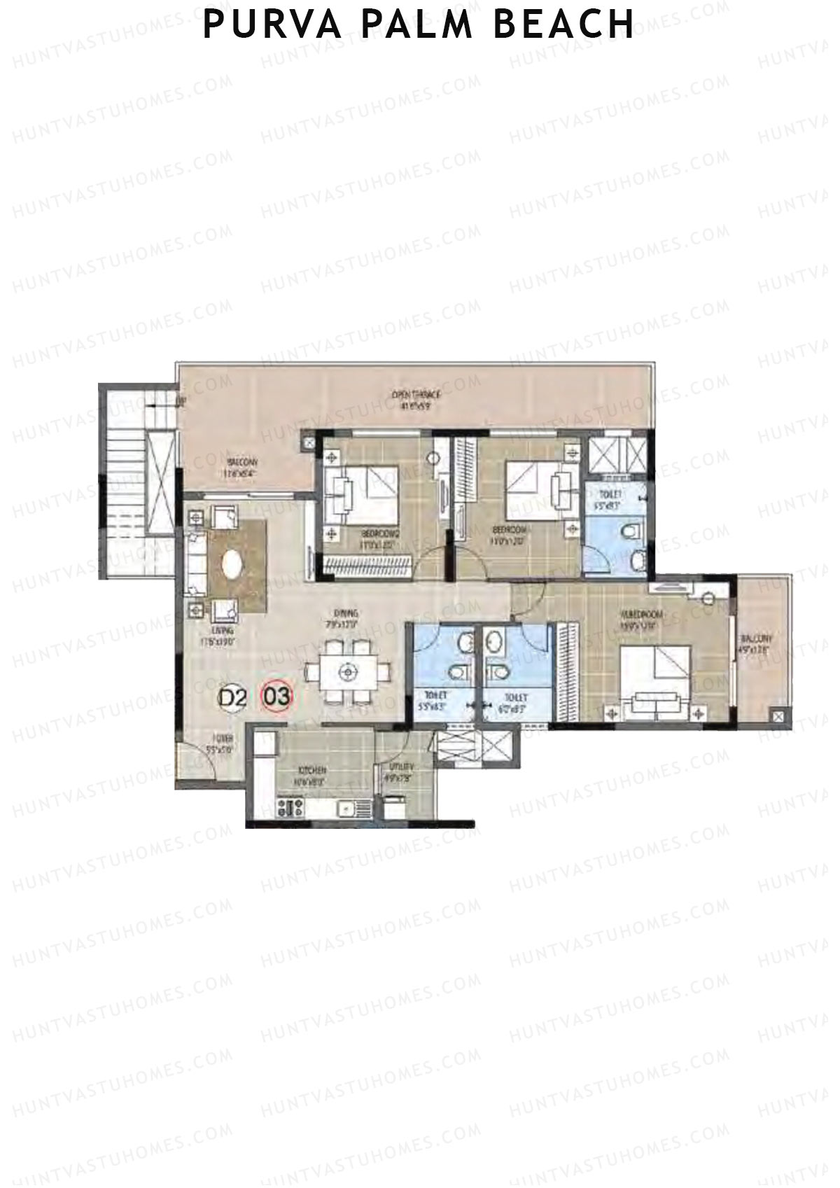 Purva Palm Beach Block 2 Wing D Unit 3 TYPE PH LW(Penthouse) Floor Plan