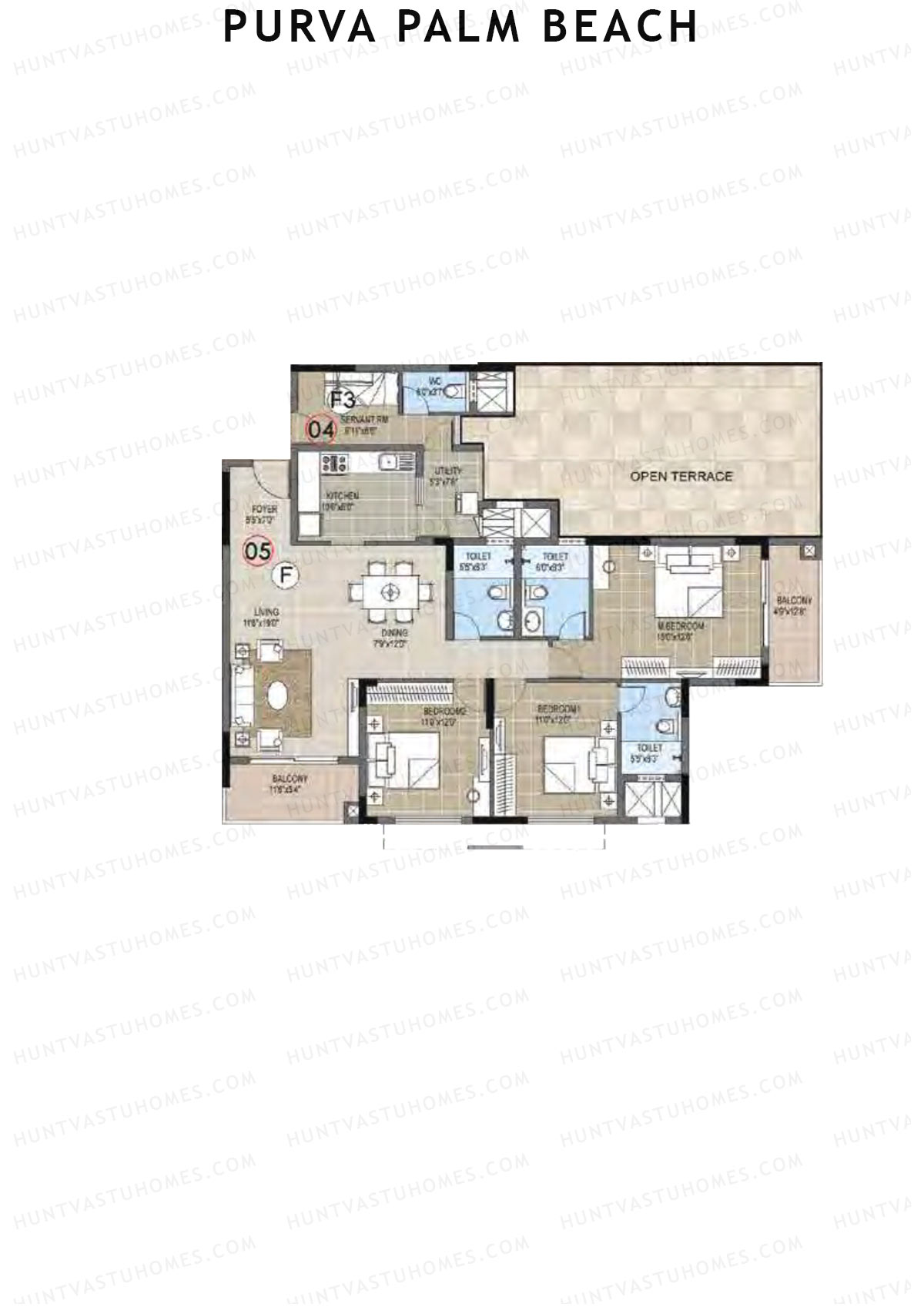 Purva Palm Beach Block 2 Wing D Unit 5 (Type F) Floor Plan