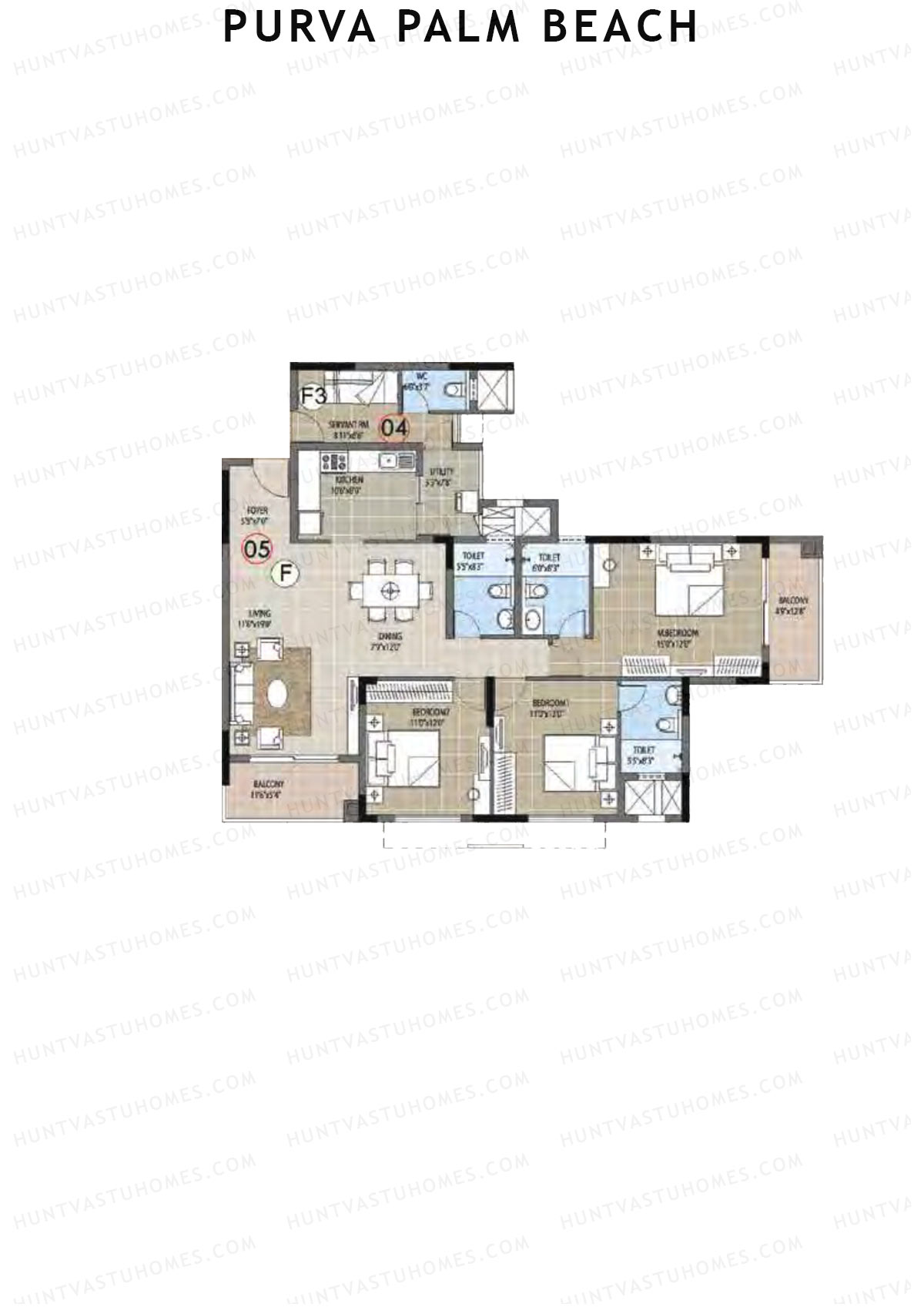 Purva Palm Beach Block 2 Wing D Unit 5 (Type F) Floor Plan