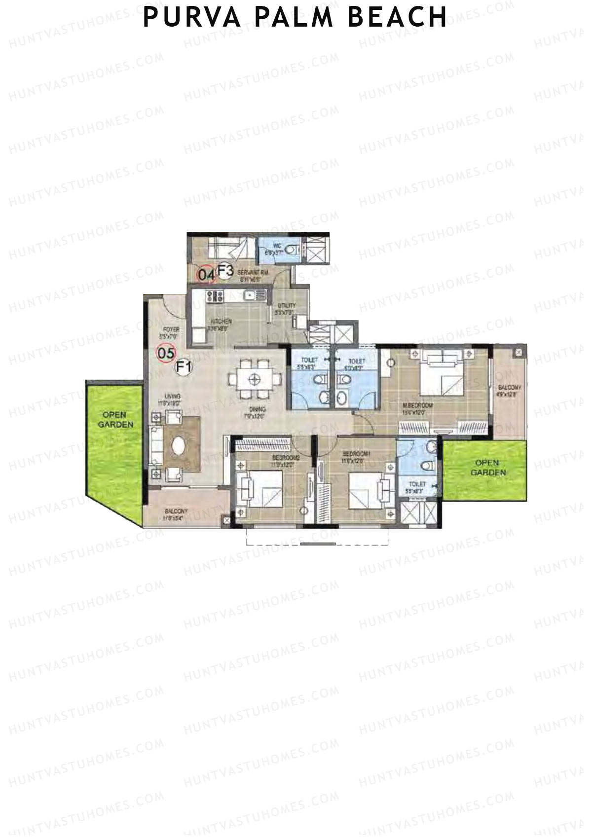 Purva Palm Beach Block 2 Wing D Unit 5 (Type F) Floor Plan