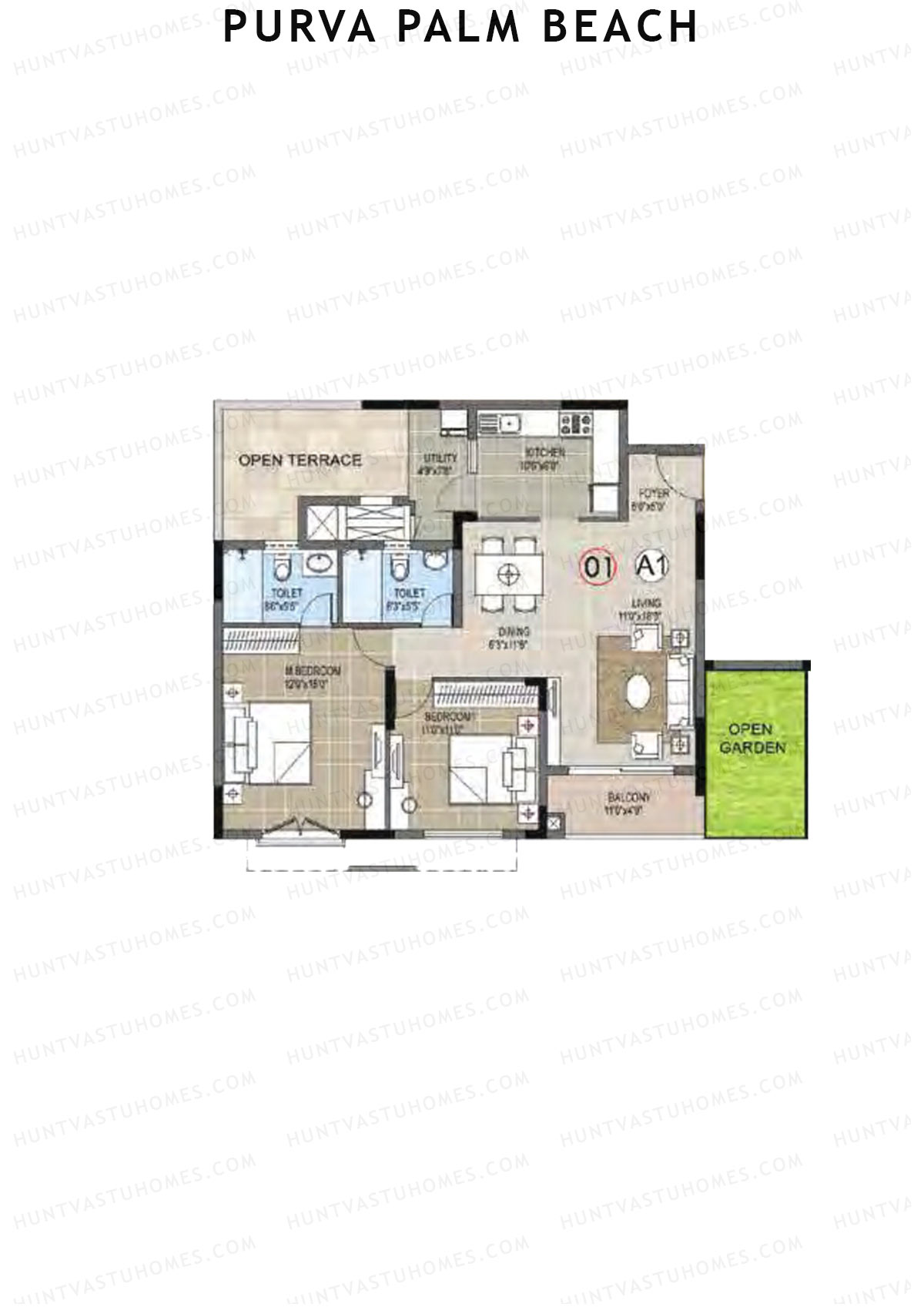 Purva Palm Beach Block 2 Wing E Unit 1 (Type A) Floor Plan