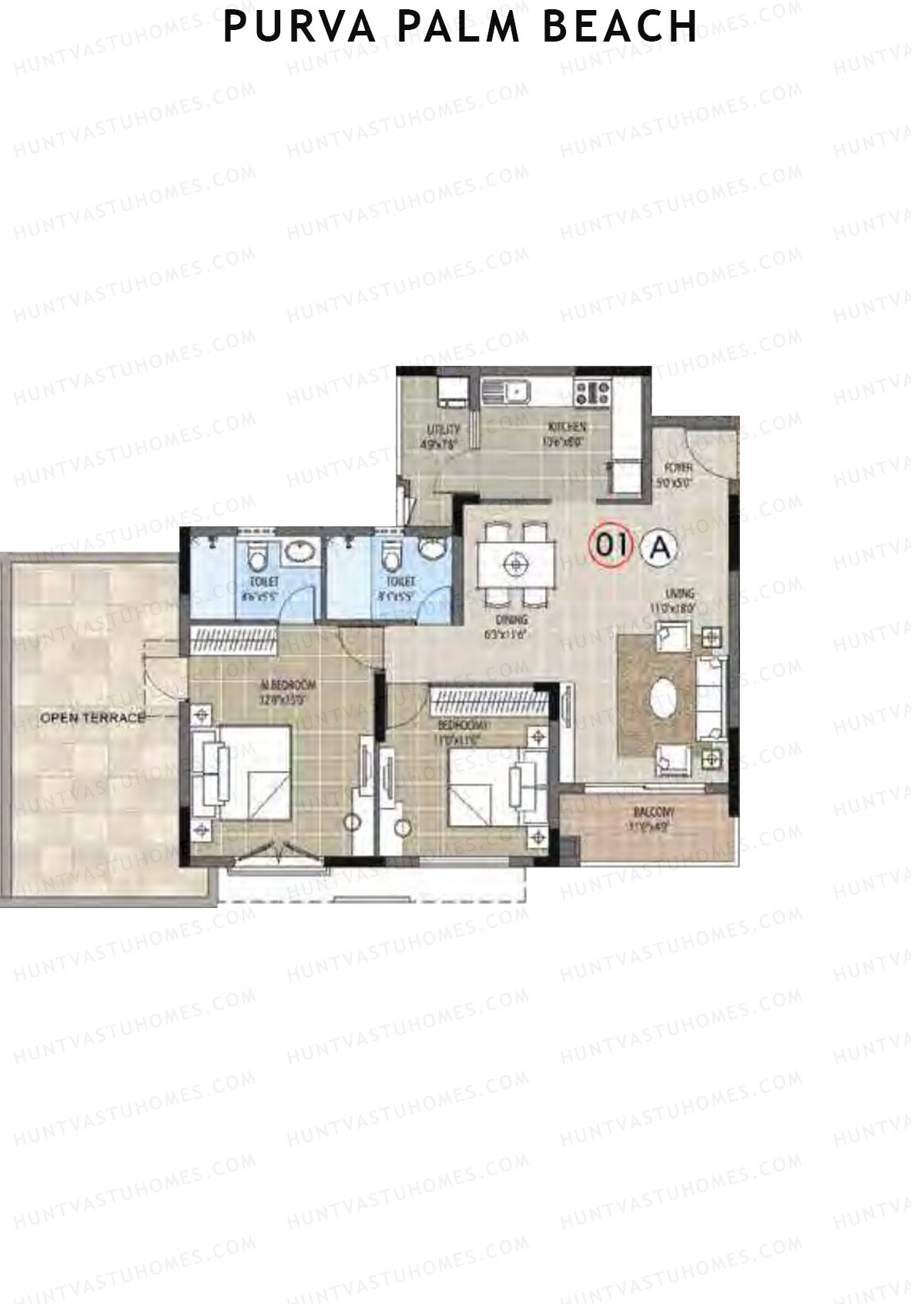 Purva Palm Beach Block 2 Wing F Unit 1 (Type A) Floor Plan