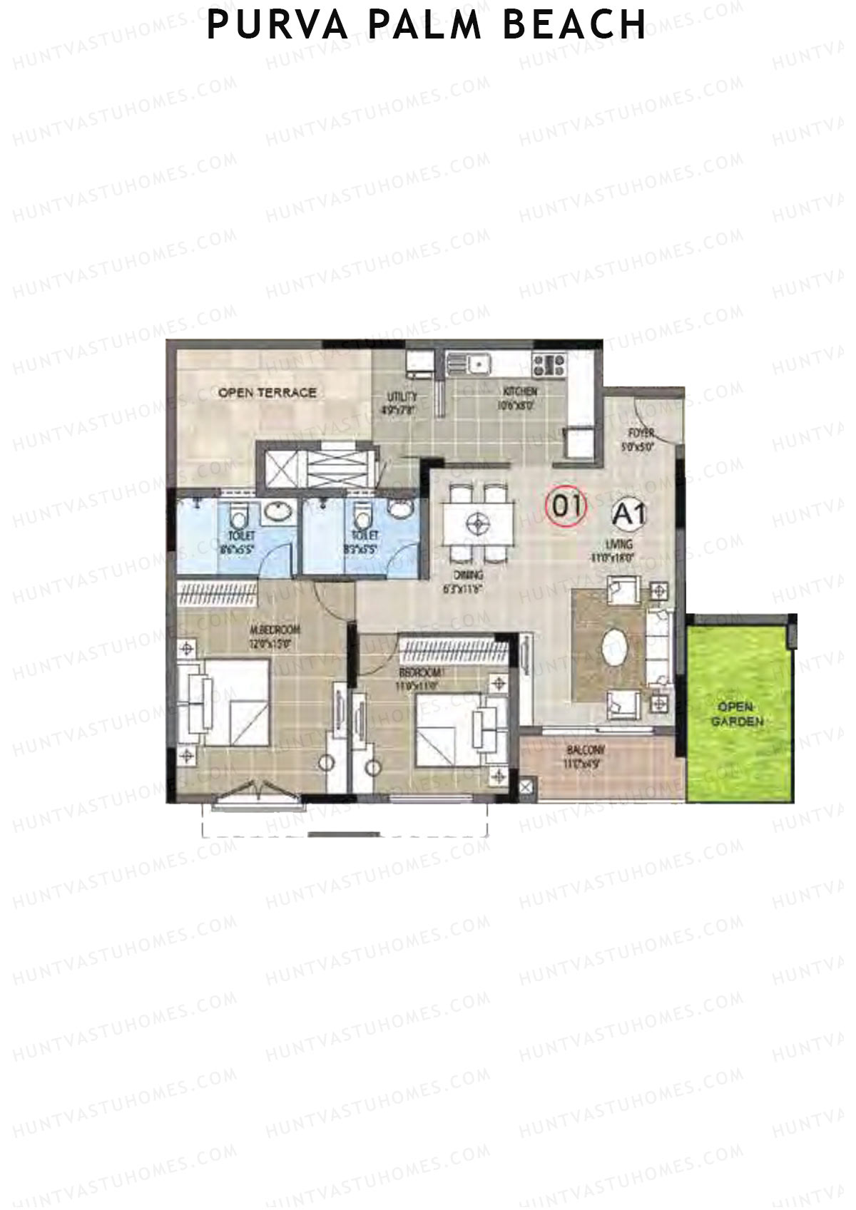 Purva Palm Beach Block 2 Wing F Unit 1 (Type A) Floor Plan